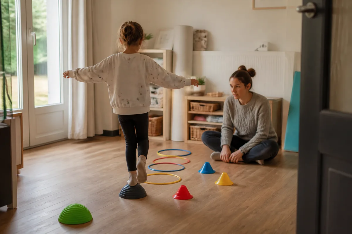 Bilan psychomoteur d’un enfant dans un cabinet avec parcours moteur et matériel d’évaluation