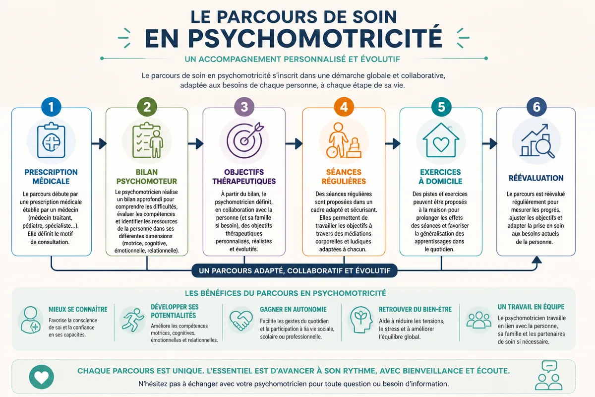 Schéma du parcours de soin en psychomotricité, de la prescription au suivi