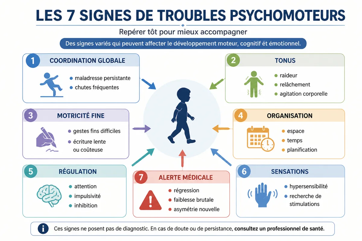 Infographie en français présentant les sept signes de troubles psychomoteurs chez l’enfant et l’adulte